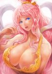  1girl bad_id big_breasts blue_eyes breasts bust cleavage crying earrings fishman_island huge_breasts jewelry lack large_breasts lipstick long_hair makeup one_piece pink_hair shawl shirahoshi solo tears upper_body 