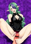  1girl bare_shoulders blush breasts cleavage dress elbow_gloves feet footjob hair_over_one_eye lipstick long_hair looking_at_viewer misery_(outer_zone) multicolored_hair nail_polish outer_zone panties penis pointless_censoring pointy_ears smile spread_legs sweat toes 
