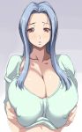  1girl blue_hair breasts brown_eyes cleavage copyright_request huge_breasts kloah long_hair paizuri paizuri_under_clothes penis_under_clothes soft_breasts 