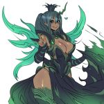  1girl anthro anthrofied big_breasts blue_hair blush breasts cleavage cleavage_cutout dark_skin detached_sleeves earrings eyeshadow fang friendship_is_magic green_eyes high_res horn humanized jewelry long_hair makeup maniacpaint my_little_pony open_mouth pointy_ears ponytail queen_chrysalis smile solo stockings white_background wings 
