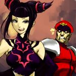  1boy 1girl bangs bare_shoulders blunt_bangs breasts capcom chili_(ringosixtwooh) clenched_teeth detached_sleeves drill_hair elbow_gloves gloves halter_top halterneck hat juri_han looking_at_viewer lowres m_bison midriff military o_o purple_eyes shoulder_pads skull sleeveless smile street_fighter street_fighter_iv sweatdrop teeth twin_drills twintails 