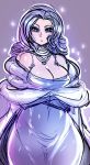  1girl bare_shoulders big_breasts blue_eyes breasts cleavage crossed_arms crystal_rarity curvy dress friendship_is_magic high_res highres humanized large_breasts long_hair maniacpaint my_little_pony my_little_pony_friendship_is_magic purple_hair rarity_(mlp) shawl solo sparkle wide_hips 
