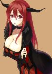  1girl blush breasts brown_background choker cleavage dress highres horns huge_breasts kauto long_hair looking_at_viewer maou_(maoyuu) maoyuu_maou_yuusha red_dress red_eyes red_hair simple_background solo 