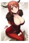  1girl big_breasts blush breasts choker cleavage demon_girl dress fur_trim high_res highres horns large_breasts long_hair looking_at_viewer maou_(maoyuu) maoyuu_maou_yuusha ookuma_(nitroplus) red_eyes red_hair revision rough sitting sketch smile solo 