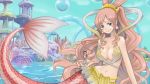 1boy 1girl bikini_top blue_eyes blush breasts bubble cleavage coral earrings fish_tail fishiebug giantess grin hat high_res holding jewelry long_hair mermaid miniboy monkey_d._luffy monster_girl navel one_piece pink_hair scar shell shirahoshi shirtless size_difference sky smile straw_hat water waves 