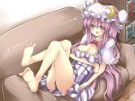  1girl bare_legs barefoot blush bow breast_hold breasts cleavage crescent dress feet hat long_hair open_mouth patchouli_knowledge purple_eyes purple_hair soles solo striped striped_dress tam-out_(datam) toes touhou vertical_stripes 