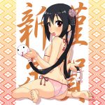  1girl ass barefoot bikini black_hair blush brown_eyes feet hair_ornament high_res k-on! k10k long_hair looking_at_viewer looking_back mouth_hold nakano_azusa side-tie_bikini sitting small_breasts soles solo swimsuit toes twin_tails very_long_hair wariza 
