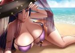  1girl absurd_res beach breasts cleavage fan_(f.w.zholic) fate/grand_order fate_(series) hat high_res huge_breasts long_hair looking_at_viewer lying minamoto_no_raikou_(fate) on_side parted_lips purple_eyes purple_hair sand sky swimsuit thighs very_long_hair water 