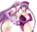  2girls areola asymmetrical_docking bare_shoulders big_breasts blush bracelet braid breast_press breasts crossover cum cum_on_body cum_on_breasts cum_on_upper_body elbow_gloves fate/stay_night fate_(series) glasses gloves hair hand_holding hat headgear high_res interlocking_nipples jewelry leotard long_hair melty_blood multiple_girls nipples no_bra open_mouth purple_hair rider shinano_yura single_braid sion_eltnam_atlasia sweat thighs tsukihime very_long_hair 