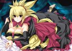  1girl 2006 bare_shoulders bat_wings big_breasts blonde_hair bow breasts cleavage copyright_name detached_sleeves disgaea disgaea_2 dress earrings fantasy_wind high_heels jewelry large_breasts lying makai_senki_disgaea_2 nippon_ichi on_stomach pointy_ears red_eyes ring rozalin shinano_yura shoes solo strapless_dress wings yellow_bow 