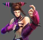  black_hair breasts capcom crop_top detached_sleeves drill_hair elbow_gloves fighting_stance gloves halter_top halterneck ikeno_daigo juri_han lowres midriff nail_polish official_art pink_eyes pink_nails portrait sideboob smile solo street_fighter street_fighter_iv super_street_fighter_iv twin_drills 