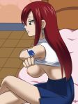  1girl awa bed bedroom breasts brown_eyes crossed_legs earrings erza_scarlet fairy_tail female jewelry legs_crossed long_hair nipples red_hair shirt shirt_lift sitting skirt solo tattoo undressing 