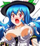  1girl absurd_res alternate_breast_size blue_hair blush breasts bursting_breasts collarbone food fruit hat high_res hinanawi_tenshi honda_takaharu leaf long_hair open_mouth peach red_eyes short_sleeves simple_background solo tears torn_clothes touhou very_long_hair white_background 