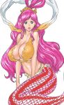  1girl 66head bare_shoulders big_breasts blue_eyes breasts cleavage fishman_island huge_breasts large_breasts long_hair mermaid midriff monster_girl one_piece open_mouth pink_hair shirahoshi simple_background solo surprised white_background 