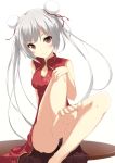  1girl barefoot black_panties blush breasts china_dress chinadress chinese_clothes cleavage double_bun dress feet highres legs long_hair looking_at_viewer okino_ryuuto original panties red_eyes silver_hair sitting smile soles solo soratanhaahaa table toes twin_tails underwear 