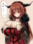 1girl blush breasts bursting_breasts choker cleavage dress hairband hayama_kazusa highres horns huge_breasts long_hair maou_(maoyuu) maoyuu_maou_yuusha red_eyes red_hair rough simple_background sketch solo sweatdrop thought_bubble translated