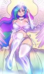  1girl anthro anthrofied bare_shoulders big_breasts blue_hair boots bra breasts choker crown detached_sleeves friendship_is_magic green_hair high_res highres horn humanized knees_together_feet_apart large_breasts long_hair maniacpaint midriff multicolored_hair my_little_pony panties pink_hair princess_celestia purple_eyes side-tie_panties sitting solo stockings strapless_bra thigh_boots thigh_high_boots thighhighs underwear underwear_only very_long_hair wings 
