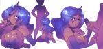  anthro anthrofied ass big_breasts blue_eyes blue_hair blush breasts cleavage detached_sleeves fellatio friendship_is_magic handjob high_res horn humanized kneel maniacpaint my_little_pony oral penis princess_luna 