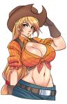  1girl applejack belly belt blonde_hair breasts cleavage cowboy_gloves cowboy_hat earrings friendship_is_magic front-tie_top gloves green_eyes groin hair hat headgear huge_breasts humanized jewelry long_hair low-tied_long_hair maniacpaint midriff mound_of_venus my_little_pony navel pants plaid plaid_shirt ponytail shirt soles solo tied_shirt very_long_hair vest 