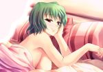  afterglow bed blush breasts eyelashes green_hair kazami_yuuka kinntarou looking_at_viewer nude on_stomach red_eyes short_hair sideboob smile solo touhou youkai 