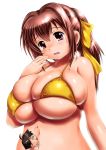  bikini blush breasts brown_hair bursting_breasts chibi cleavage curvy embarrassed huge_breasts mitsuki_sohara moriichi sakurai_tomoki sora_no_otoshimono swimsuit 