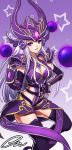 1girl absurd_res armor belt breasts cleavage forehead_protector gloves hand_on_hip helmet high_res league_of_legends long_hair orb oyj814 oz_(gerbera7) pauldrons pink_eyes signature silver_hair smile solo star stockings syndra