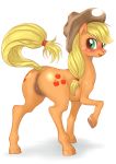  anus applejack_(mlp) ass blonde_hair blush cowboy_hat cutie_mark equine female feral friendship_is_magic fruit green_eyes hair hat hoihoi hooves horse looking_at_viewer looking_back my_little_pony open_mouth plain_background pony pussy solo white_background 
