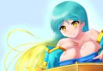  1girl alternate_hairstyle aqua_hair areola areola_slip bare_shoulders big_breasts blonde_hair blush breasts collarbone detached_sleeves gradient_hair instrument league_of_legends long_hair multicolored_hair smile solo sona_buvelle xano yellow_eyes 