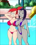 2_girls bikini cameltoe crossover female_only foster&#039;s_home_for_imaginary_friends frankie_foster goth goth_girl gothic older older_female pool rachel_roth raven_(dc) red_hair sexfightfun sling_bikini sling_swimsuit swimming_pool swimsuit young_adult yuri