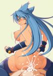  1girl ass bell blue_hair breasts collar cum cum_in_pussy ejaculation fingerless_gloves gloves hetero kojou looking_back motion_lines nipples nude puffy_nipples rance_(series) reverse_cowgirl_position sengoku_rance sex sideboob smile solo_focus stockings straddling suzume_(rance) thighhighs 