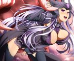  1girl armor belt black_gloves breasts cho&#039;gath cho'gath cleavage clothed_sex ear_protection forehead_protector gloves helmet league_of_legends long_hair pauldrons purple_eyes sex silver_hair syndra thighhighs umakatsuhai vaginal 