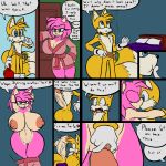  1girl 2017 amy_rose anthro areola armpits big_balls big_breasts big_penis breasts canine cleavage clothed clothing comic dialogue duo english_text erect_nipples erection fox furry hedgehog huge_balls huge_breasts huge_penis imminent_sex kissing littlegraybunny male mammal miles_&quot;tails&quot;_prower navel nipples nude penis pussy sega testicles text 