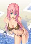  1girl aqua_eyes bikini breasts cleavage highres long_hair looking_at_viewer looking_up megurine_luka navel open_mouth pinakes pink_hair pool solo swimming_pool swimsuit vocaloid wet 