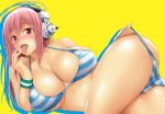  1girl adjusting_swimsuit bikini blush breasts cleavage fingernails headphones kuimono large_breasts long_fingernails long_hair looking_at_viewer lying nitroplus on_side pink_hair red_eyes shiny shiny_skin solo striped striped_bikini striped_swimsuit super_sonico sweat swimsuit tongue yellow_background 
