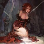  1girl argyle big_breasts breasts choker cleavage hjl hjl2010 horns imminent_rape large_breasts legs long_hair maou_(maoyuu) maoyuu_maou_yuusha multiple_boys open_mouth out_of_frame red_eyes red_hair sword tears torn_clothes weapon 