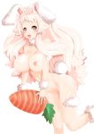  1girl animal_ears big_breasts blonde_hair blush_stickers breasts bunny_ears bunny_tail carrot fang high_res highres janong large_breasts long_hair nipples nude original pink_eyes pink_hair solo tail 