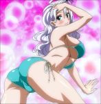  1girl arms_up bikini blue_eyes breasts fairy_tail female front_ponytail long_hair mirajane mirajane_strauss silver_hair solo stitched swimsuit underboob 