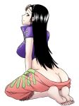  1girl ass barefoot black_hair brown_eyes butt_crack feet female hanyapunifu high_res kneel long_hair nico_robin no_panties one_piece simple_background sitting smile solo sunglasses white_background 