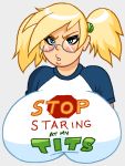  angry baseball_shirt big_breasts blonde_hair blue_eyes blush breasts cleavage clothed embarrassed english female gigantic_breasts glasses hair hair_tie huge_breasts impossible_shirt woot 