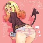  1girl ass blonde_hair butt_crack character_request chibi_inset copyright_request demon_tail gradient_hair hairband long_hair multicolored_hair orange_hair panties pink_background red_eyes striped striped_panties sweat sweatdrop tail teriyaki translation_request underwear wrist_cuffs 