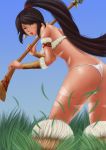  1girl ass brown_hair butt_crack facial_mark fur grass green_eyes groom222 league_of_legends long_hair nidalee open_mouth panties polearm ponytail solo spear tribal underwear weapon white_panties 