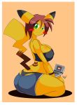 1girl 2011 anthro big_breasts blush breasts brown_hair cleavage clothing cute female female_anthro_pikachu female_only green_eyes hair jeans looking_at_viewer looking_back nintendo nintendo_ds pikachu pink_nose pokemon pokemorph shorts sitting smile solo_female tail thick_thighs thighs thong tiger1001 underwear video_games voluptuous wide_hips yellow yellow_fur