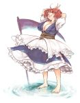  ahoge arms_behind_head arms_up barefoot breasts erect_nipples frills grin hair_bobbles hair_ornament high_res huge_breasts kiguchiko obi onozuka_komachi red_eyes red_hair scythe short_hair smile solo touhou twin_tails v 