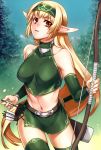 1girl bare_shoulders blonde_hair bow_(weapon) breasts brown_eyes elf green_legwear hairband holding long_hair navel original pointy_ears quiver solo stockings thighhighs tsuki_tokage weapon 