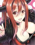  1girl bad_id big_breasts blush breasts brown_hair bust choker cleavage down_blouse downblouse heart horns large_breasts long_hair looking_at_viewer maou_(maoyuu) maoyuu_maou_yuusha mugenshiki red_eyes red_hair solo upper_body 