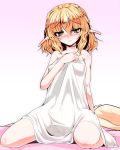  1girl blonde_hair blush breasts cleft_of_venus collarbone covered_nipples erect_nipples female gradient gradient_background green_eyes long_pointy_ears looking_at_viewer mizuhashi_parsee naked_towel navel nipples pointy_ears pubic_hair pussy see-through shoushinmono sitting solo tanaka_ginji touhou towel wariza 