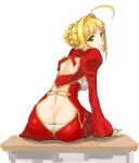 1girl ahoge ass bare_back blonde_hair butt_crack dimples_of_venus downpants dress fate/extra fate_(series) from_behind green_eyes juliet_sleeves long_sleeves looking_back open-back_dress puffy_sleeves saber_extra solo wantsupanchi!! 