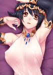  1girl animal_ears armpits arms_up big_breasts black_hair blush breasts cat_ears circlet covered_nipples detached_sleeves erect_nipples jewelry large_breasts looking_at_viewer lying necklace on_back original short_hair solo tsuki_tokage yellow_eyes 