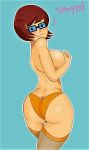  1girl ass bespectacled blush brown_hair female female_human female_only freckles glasses hand_on_breast human human_only looking_at_viewer mostly_nude panties rectangular_eyewear scooby-doo short_hair sideboob solo standing stockings thighs topless velma_dinkley 