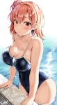 1girl 1girl alluring artist_name ass belko big_breasts blue_one-piece_swimsuit blush breasts brown_hair cleavage collarbone hair_bun high_res my_teen_romantic_comedy_snafu one-piece_bikini parted_lips pool short_hair swimming_pool swimsuit thick_thighs thighs water wet wide_hips yuigahama_yui 